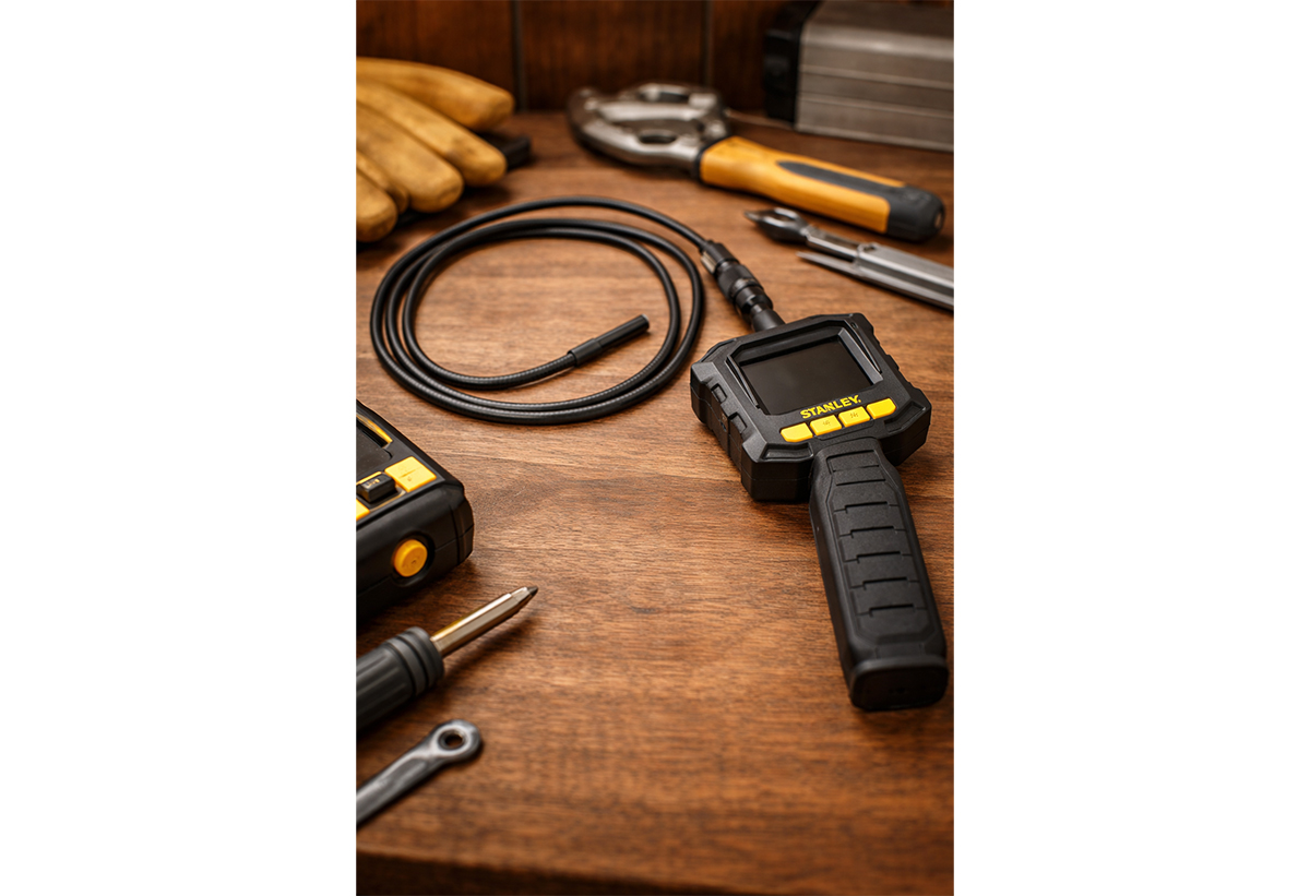 Απεικονίζεται η κάμερα σε ξύλινη επιφάνεια εργαστηρίου με άλλα εργαλεία γύρω της.